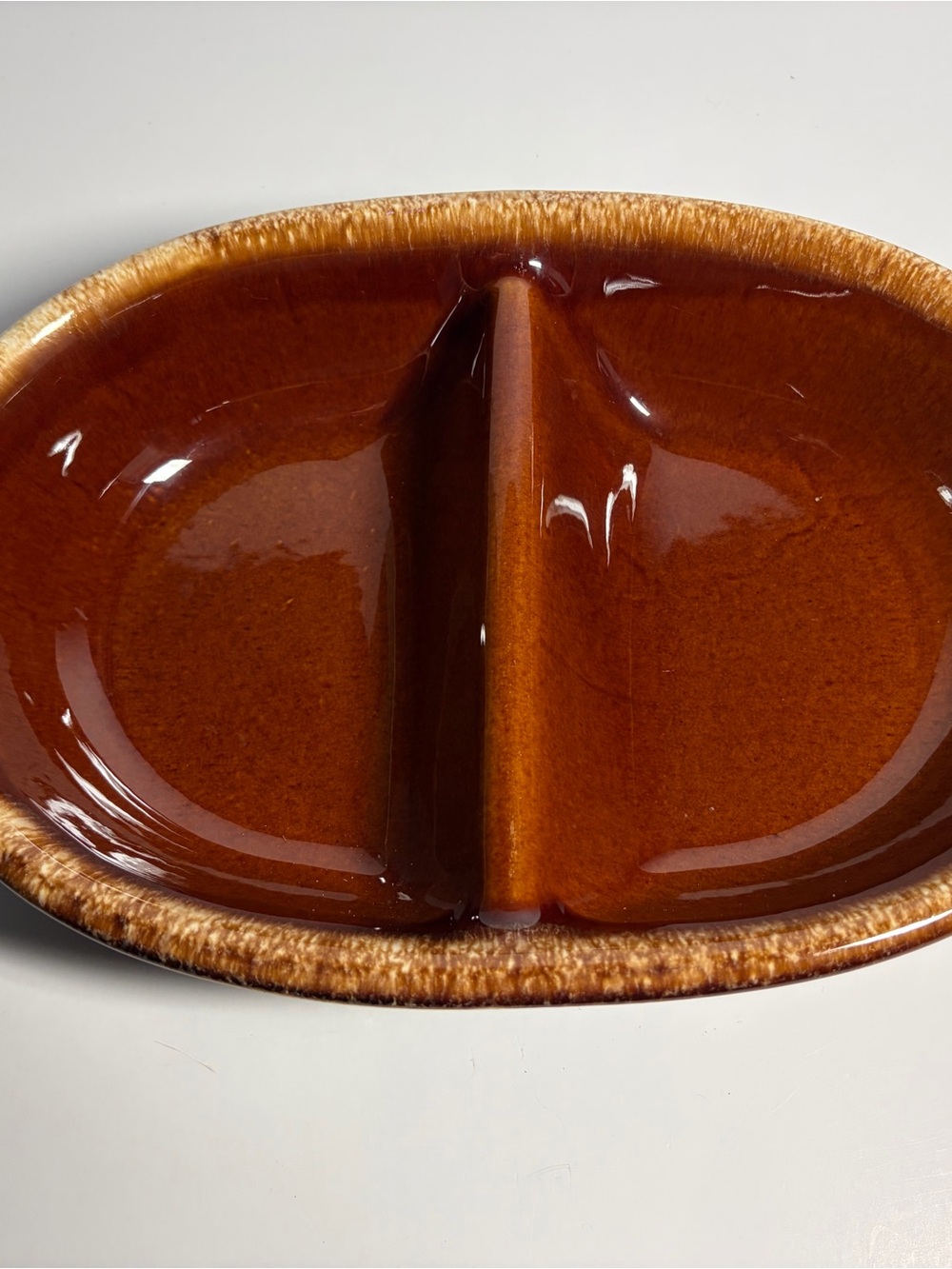 Vintage H.P. CO USA Hull Pottery Brown Drip Divided Serving Dish Oven Proof